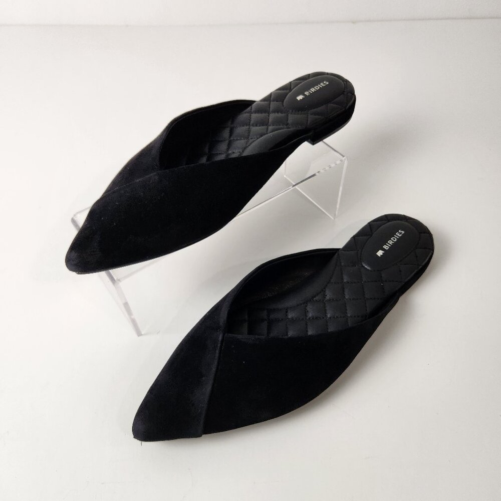Birdies Shoes Womens 9.5 Black Swan Suede Mules Quilted Flats Leather Slip On